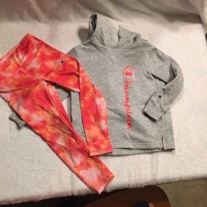 Champion Hoodie and Tie Dye Leggings Set Girls Size 5 Gray Pink Orange Excellent